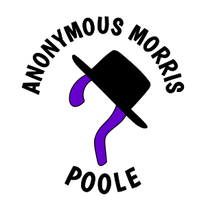 The Anonymous Morris logo, consisting of a purple question mark wearing a black top hat. The full stop at the base of the question mark doubles as one of the 'O's in Poole at the bottom of the logo, and Anonymous Morris is written at the top.