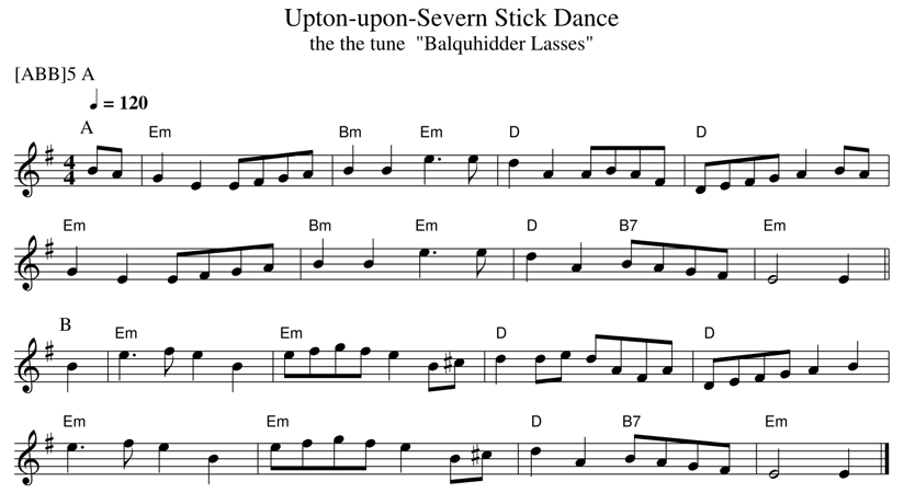 Sheet music for the dance Upton upon Severn Stick Dance